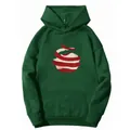 Detail view of deep green hoodie featuring red and white spiral graphic and kangaroo pocket - S / Dark Green