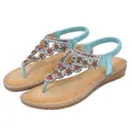 Bohemian light blue rhinestones flat sandals with ethnic sun flower beadwork and T-strap - EU 36 / Sky Blue