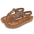 Brown Bohemian flat sandals with rhinestones and T-strap ethnic design in size 37 - EU 36 / Camel