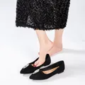 Elegant black suede pointed flats for women with sparkling crystal waterdrop buckle - EU 36 / Black