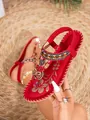 Red Bohemian T-strap flat sandals with ethnic beads and heart butterfly pendants - EU 36 / Red