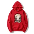 Red hooded sweatshirt with vintage Wild West print and front pocket for men and women - S / Red