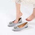 Elegant light grey suede pointed toe flat shoes with sparkling crystal snowflake buckle - EU 36 / Light Gray
