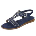 Women's dark blue flat rhinestone sandals with bohemian T-strap and elastic back strap - EU 38 / Navy Blue