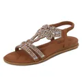 Brown Bohemian flat sandals with rhinestone floral T-strap and elastic heel strap - EU 38 / Bronze