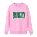 Pink crewneck sweatshirt with green BROOKLYN print, loose fit long sleeve for women - Pink