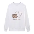 White long-sleeve crewneck sweatshirt with Lucky Cat cartoon print and ribbed cuffs - S / White