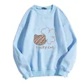 Loose light blue long-sleeve crewneck sweatshirt with lucky cat graphic and rib-knit cuffs - S / Sky Blue