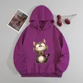 Deep purple oversized hoodie with cute cartoon cat print and drawstring hood detail - S / Fuschia