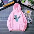 Detail of pink hoodie with blue V-shaped art logo and branded VAGRAY graphic print - S / Hot Pink