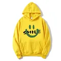Oversized yellow hoodie with green smiley face print and kangaroo pocket for women - Yellow