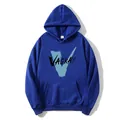 Detail of navy blue heavyweight hoodie featuring light blue VAGRAY graphic and kangaroo pocket - S / Dark Blue
