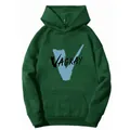Detail of dark green hoodie featuring blue V logo and Vagray text print - S / Dark Green