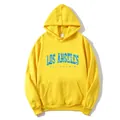 Oversized bright yellow Los Angeles California hoodie with blue textured lettering - S / Yellow