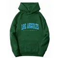 Detail of Los Angeles print on dark green hooded sweatshirt with kangaroo pocket - S / Dark Green