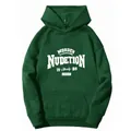 Detailed view of dark green hoodie featuring white letter prints and front kangaroo pocket - S / Dark Green