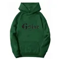 Detail of Gothic Gstar print on dark green oversized fleece hoodie with drawstring hood - S / Dark Green