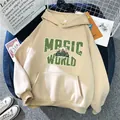 Detail of oversized beige hoodie with green Magic World print and kangaroo pocket - Apricot