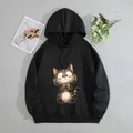 Casual black hoodie with cute cartoon cat print and drawstring hood for women - S / Black