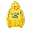 Women's yellow oversized hoodie with vintage Magic World print and kangaroo pocket - Yellow