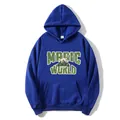 Detail of blue hoodie with vintage Magic World print and kangaroo pocket - Dark Blue
