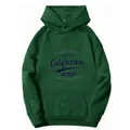 Detailed flat lay of dark green hoodie featuring California print and ribbed cuffs - Dark Green