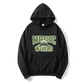 Women's black oversized hoodie with Magic World retro graphic print and kangaroo pocket - Black