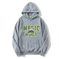 Detail of grey vintage hoodie with green Magic World mountain print and kangaroo pocket - Gray