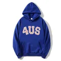 Detail view of navy blue hoodie featuring 4US chest print, large pocket and L size tag - S / Dark Blue