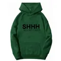 Detail of dark green hoodie featuring SHHH NO ONE CARES print and ribbed cuffs - Dark Green