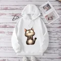 White hooded sweatshirt for women featuring a cute cartoon cat print and casual loose fit - S / White
