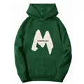 Detail of dark green fleece hoodie showing white M logo and ADERRASH text print - S / Dark Green