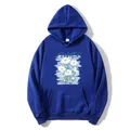 Detail view of the daisy print and FLOWER text on navy blue hoodie for women - S / Dark Blue