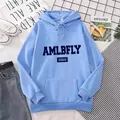 Women's light blue oversized hoodie with AMLBFLY letter print and kangaroo pocket - Sky Blue