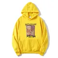 Hellgelber Kapuzenpullover mit Cartoon-Katzenprint und praktischer Kängurutasche - S / Gelb
