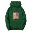 Detailansicht eines dunkelgrünen Hoodies mit süßem Katzen-Graffiti-Print und Kängurutasche - S / Dunkelgrün