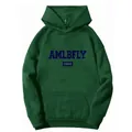 Detail view of American retro AMLBFLY letter print and kangaroo pocket on green hoodie - Dark Green