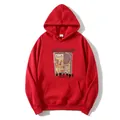 Detail des roten Cartoon-Hoodies mit Katzen-Grafikdruck und großer Kängurutasche - S / Rot