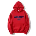 Detail of red hoodie showing drawstring hood, kangaroo pocket, and AMLBFLY print - Red