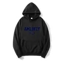 Detail of black oversized hoodie with blue AMLBFLY letter print and L size label - Black