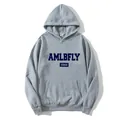 Women's oversized grey hoodie with retro AMLBFLY letter print and kangaroo pocket - Gray