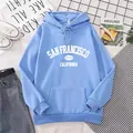 Detailed close-up of sky blue hoodie with San Francisco California print and drawstring hood - Sky Blue