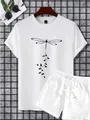 Dettaglio del set estivo bianco con maglietta stampa libellula e pantaloncini con coulisse - S / Top Bianco E Pantaloni Bianchi