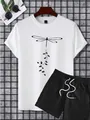Set t-shirt bianca da uomo con stampa libellula e pantaloncini neri con coulisse - S / Top Bianco + Pantaloncini Neri