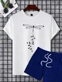 Dettaglio del set t-shirt bianca con stampa libellula e pantaloncini con coulisse - S / Maglia bianca e pantaloni blu