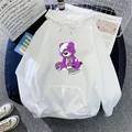 Detalle de la sudadera blanca oversize con estampado de oso morado y bolsillo canguro - S / Blanco