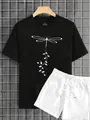 Detail of black cotton T-shirt with dragonfly print and white drawstring shorts set - S / Black Top White Pants