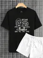 Detail of black T-shirt with cartoon disco ball print and white drawstring casual shorts - S / Black Top White Pants