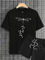 Macro detail of black polyester t-shirt showing dragonfly print and size M inner collar label - S / Black Set