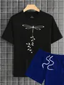 Close-up of neckline label showing 100% polyester fabric and size M on printed T-shirt - S / Black T-Shirt Blue Shorts